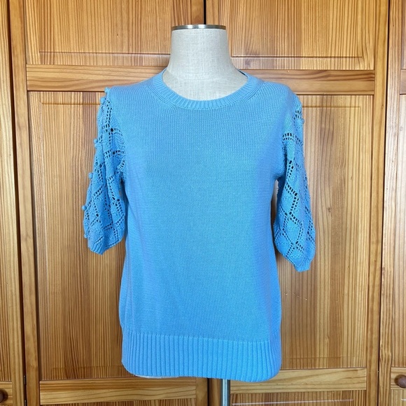 BTFBM Small Light Blue Knit Elbow Length Sleeve Sweater Whimsy 100% Cotton - Picture 3 of 9